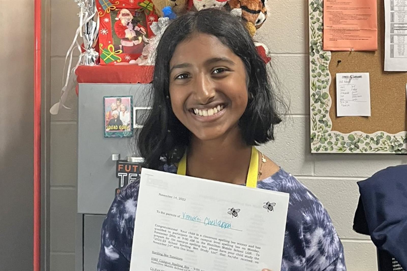  Hamilton Middle School sixth grade student Vimukti Chellappa, who is a 2022 Difference Maker.